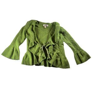 Pointella San Francisco Green Ruffle Tie Front Cashmere Cropped Cardigan